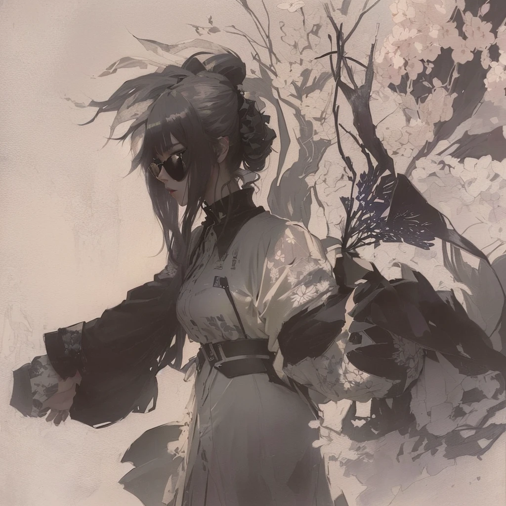 A picture of a woman holding a bouquet of flowers in her hands, inspired by Dorothea Tanning, David Mack, Inspired by Yoji Shinkawa, or Shinkawa, カラウォーカー James Jean, Shin Jinyoung Art, Inspired by Ashley Wood, Inspired by Amano, amano yoshitaka, James Jean、新川洋二A 17-year-old Japanese girl with vibrant hair colors, long hair, daring hair styling, slender figure, plump cheeks. She embodies the punk rock aesthetic, dressed like a punk rocker with bold attire, large sunglasses, a defiant expression. She stands at 170 centimeters tall, weighs 30 kilograms, wears long boots, with her thighs visible under a red pleated skirt. Adorned with numerous silver accessories. Depict with distinct outlines, using colors other than black for the outlines, using colorful hues for the outlines. She's into girls' rock, punk, Electric guitar, vibrant colors, stages, and backed by a band. An underground clubhouse with colorful lighting amidst the darkness. Colorful candies resembling mountains of treats are plentiful, strewn all around. A tall, well-built man with blonde hair is present, adorned with tattoos, a nose piercing, and a split tongue.