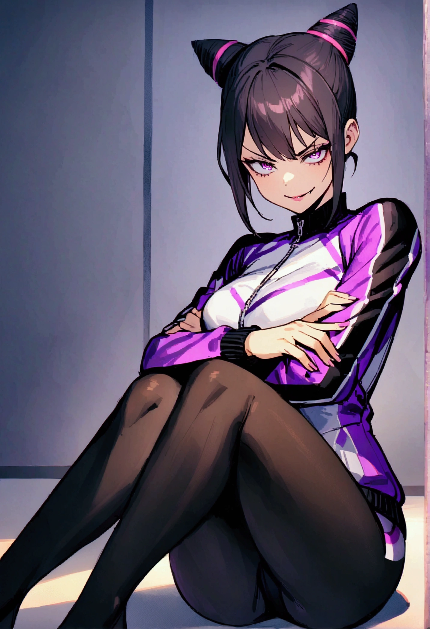 beautiful young fitness woman with , in a gym wearing May with black pantyhose, white and purple fitted gym jacket. standing alone,hair horns,bright purple eyes,Evil smile,legging preto aura roxa,arms crossed eye shadow,whole body,labiaa,sitting,legs crossed