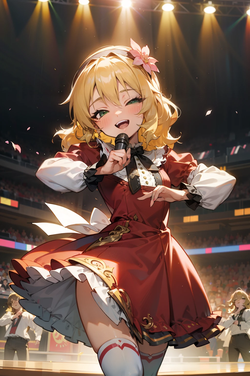 masterpiece,best quality, ultra-detailed,1girl(sakurai momoka, lovely small breasts, wavy hair, long hair, blonde hair, headband, pink flower in hair,green eyes, half-closed eyes), smile, open mouth,facing viewer, looking at viewer, head tilt, solo, red dress, ornate dress, frill, bows, white thighhighs, in the stage, dancing, cute dancing, mike grab , sing,singing