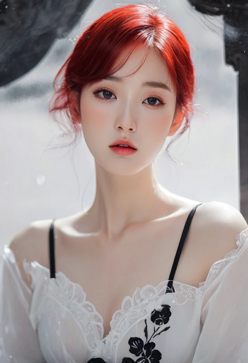 Transparent red hair、Naked anime girlCharacter portrait using only three colors: red, black and whiteUrban art stylePre-Raphaelite、Inspired by Xia Shuwen、Beautiful Female Android