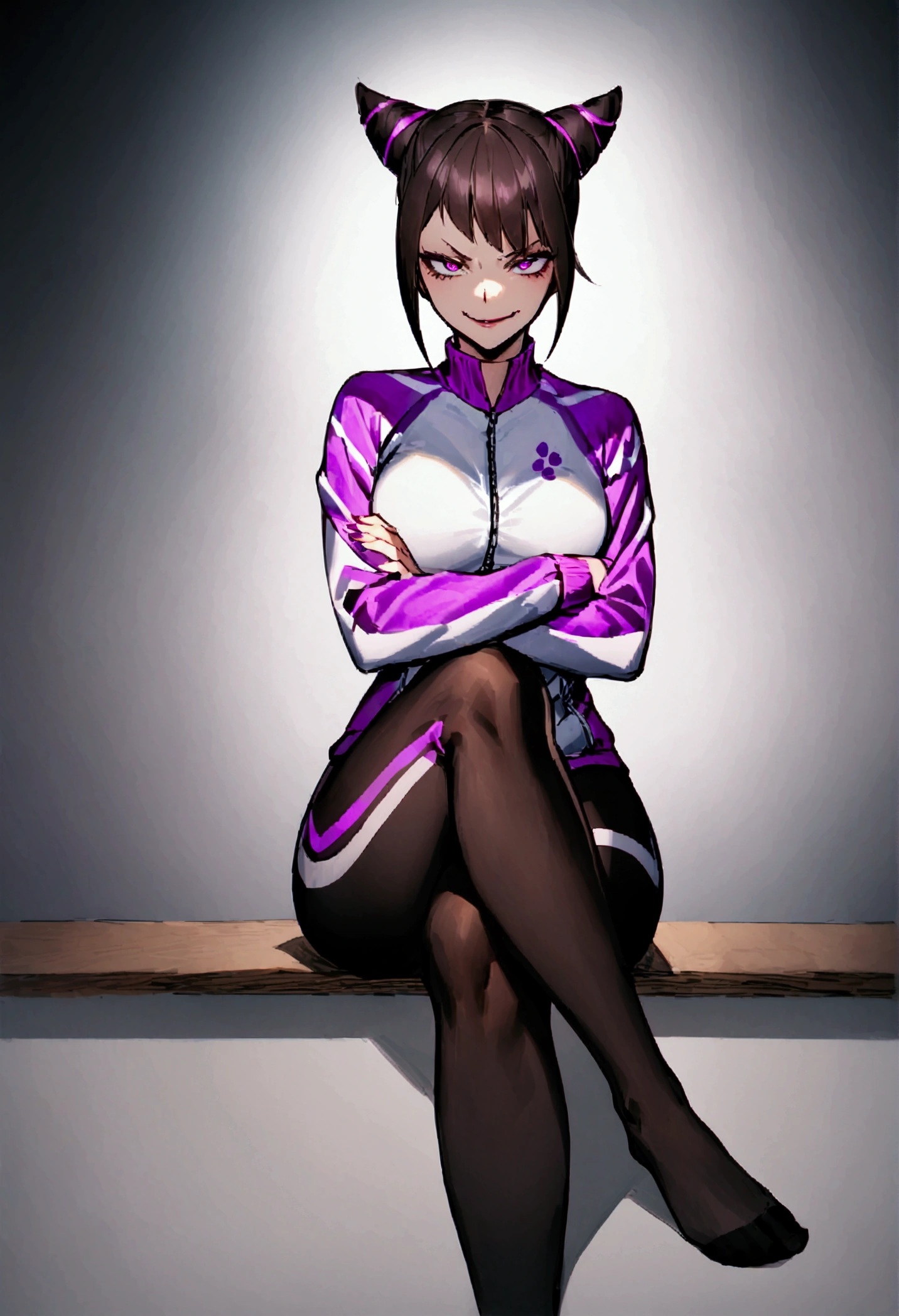beautiful young fitness woman with , in a gym wearing May with black pantyhose, white and purple fitted gym jacket. standing alone,hair horns,bright purple eyes,Evil smile,legging preto aura roxa,arms crossed eye shadow,whole body,labiaa,sitting,legs crossed