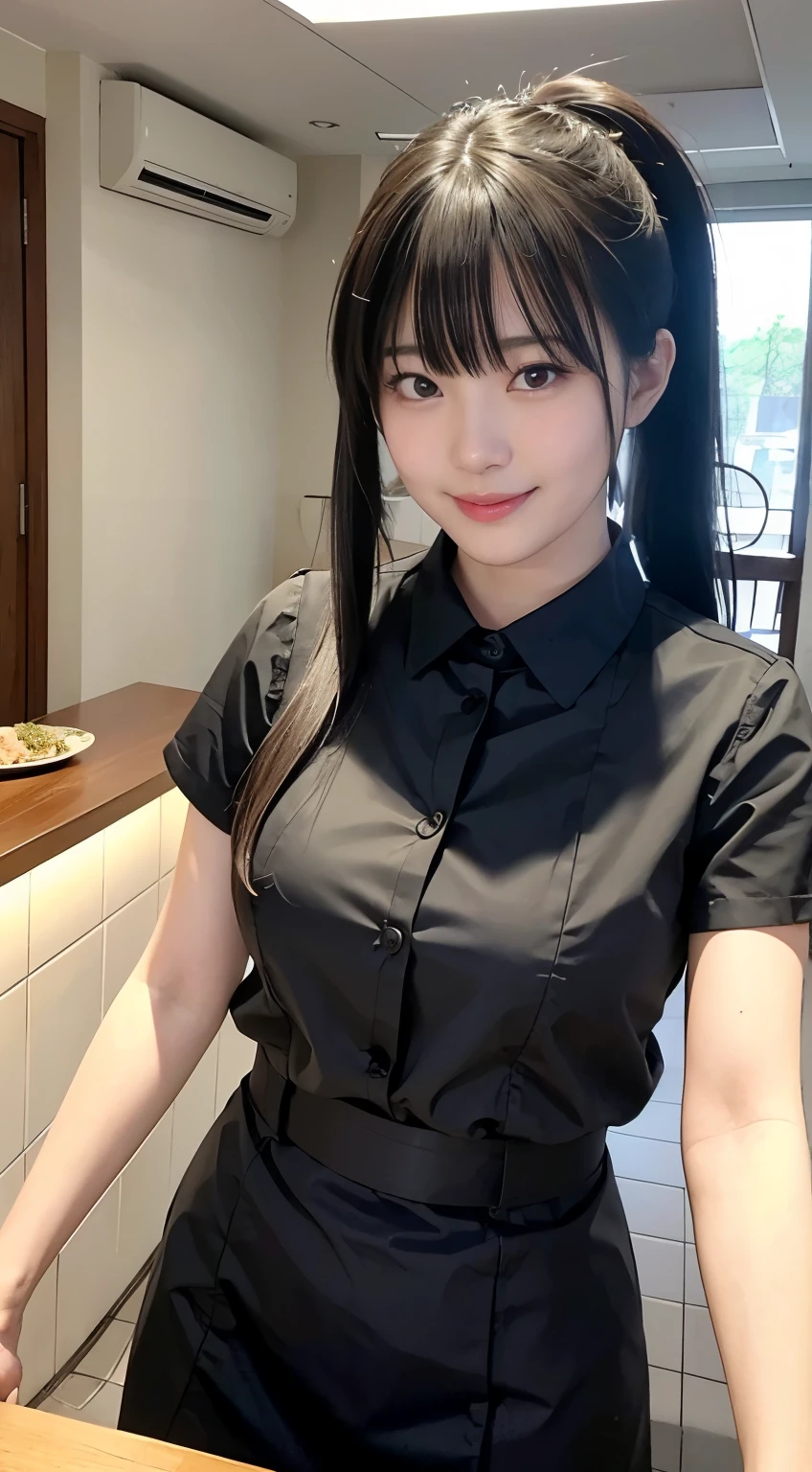 (Highest quality,masterpiece:1.3,Ultra-high resolution,),(Very detailed,Caustics),(Realistic:1.4,RAW shooting,)Ultra-Realistic Capture,Very detailed,High resolution 16K human skin closeup。 Natural skin texture、,pores、、、、It must be detailed enough to be easily identifiable。 Skin tone is even and healthy looking。 Use natural light and colour,restaurant,Waitress Uniform,1 girl,Japanese,18-year-old,cute,Black-haired,ponytail,Big Breasts,smile,Turn your body forward,(Front view:1.1),Looking into the camera,Cowboy Shot,