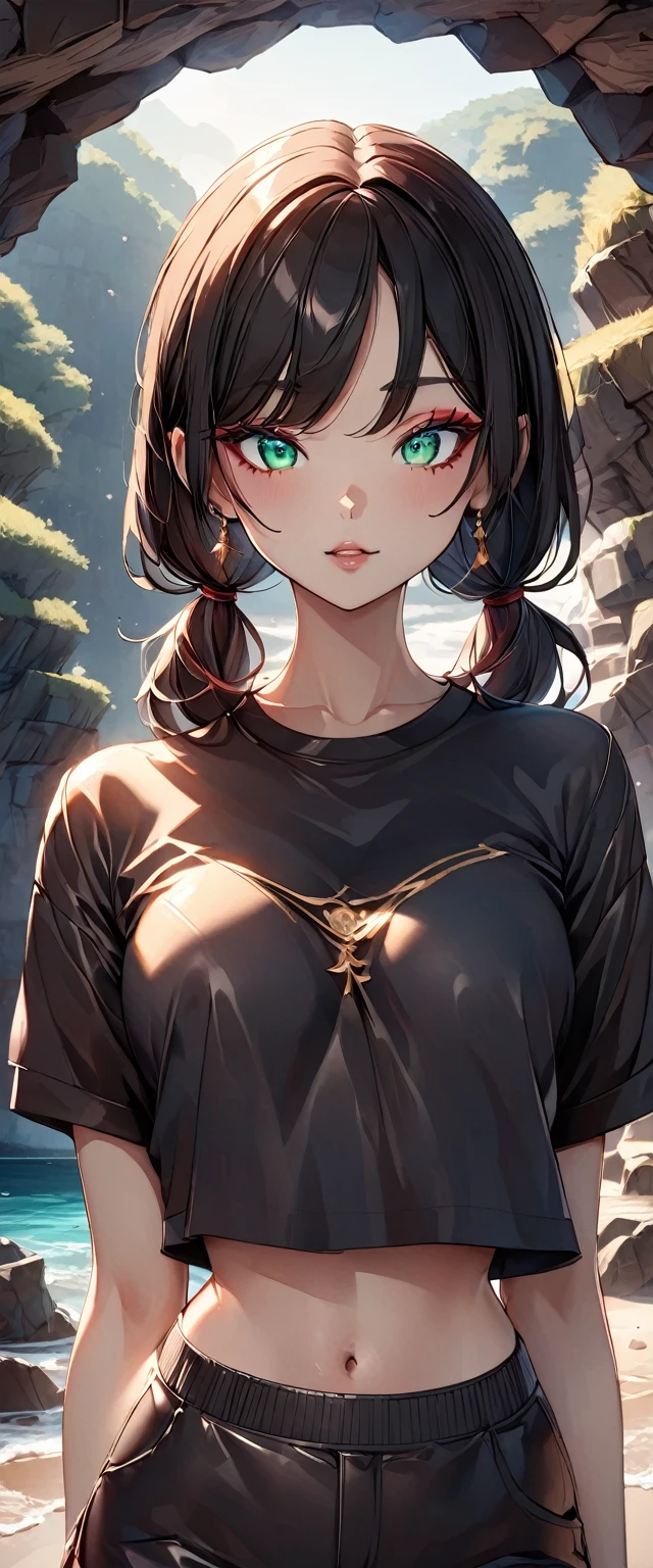 Photo of a girl with natural skin, ((Baby Face)), Round face, A girl wearing mainly black and red, Upper Body, Seaside cave, The light is shining in, High Twintails, Black hair with red mesh, Sharp eyes with red eyeshadow, Blue-green eyes, Shining eyes, A thin, upturned nose, Well-shaped lips, ((crop top overhang, Short sleeve, Black clothes, Thighs, Glamour body)), Makeup, Exquisitely crafted with the utmost attention to detail, Vibrant, amazing, Smooth, Cinematic, 4K, Backlight, (()), Shallow depth of field, ((Detailed eyes:1.3, Detailed lips:1.3, high quality, )), masterpiece, Super detailed images, High quality