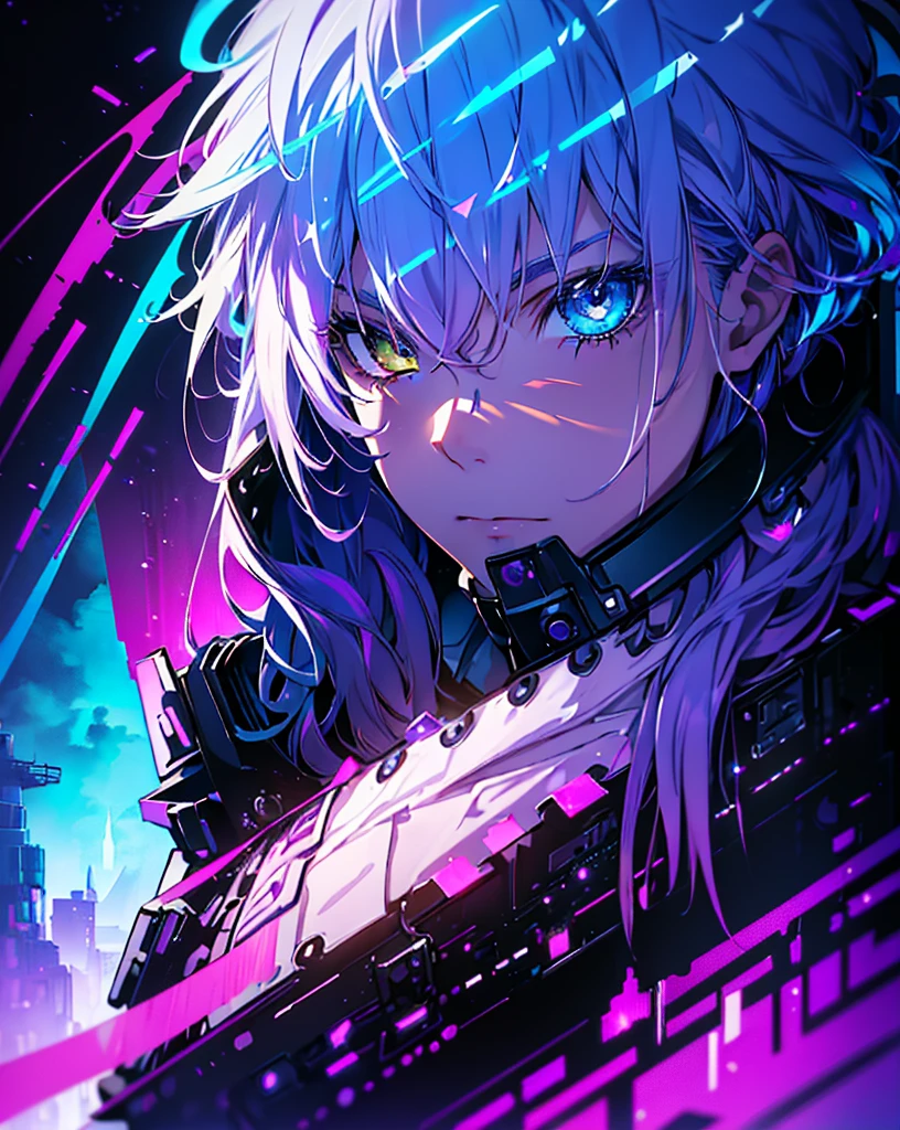 masterpiece, best quality, ((((1man)))), (colorful),(finely detailed beautiful eyes and detailed face),cinematic lighting,extremely detailed CG unity 8k wallpaper, sky, cloudy_sky, building, moonlight, moon, night, (dark theme:1.3), light, fantasy, ((heterochromia)) ((Purple and Yellow eyes)) ((Purple Hair)) ((boy))