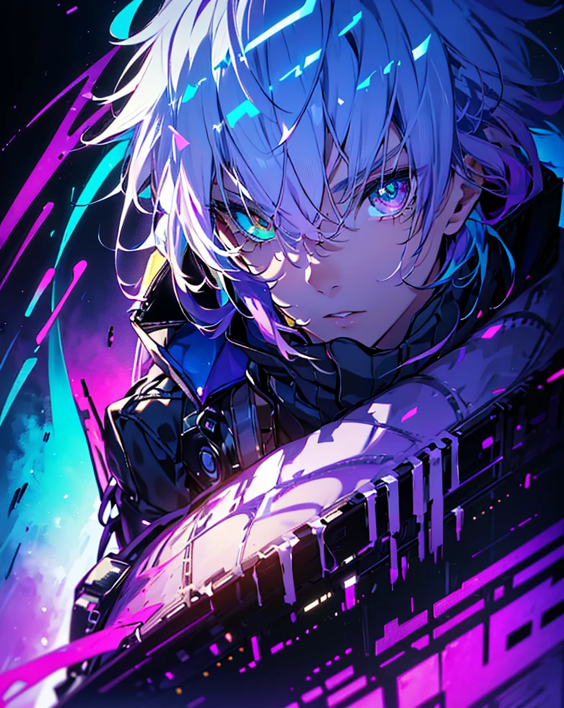 masterpiece, best quality, ((((1man)))), (colorful),(finely detailed beautiful eyes and detailed face),cinematic lighting,extremely detailed CG unity 8k wallpaper, sky, cloudy_sky, building, moonlight, moon, night, (dark theme:1.3), light, fantasy, ((heterochromia)) ((Purple and Yellow eyes)) ((Purple Hair)) ((boy))