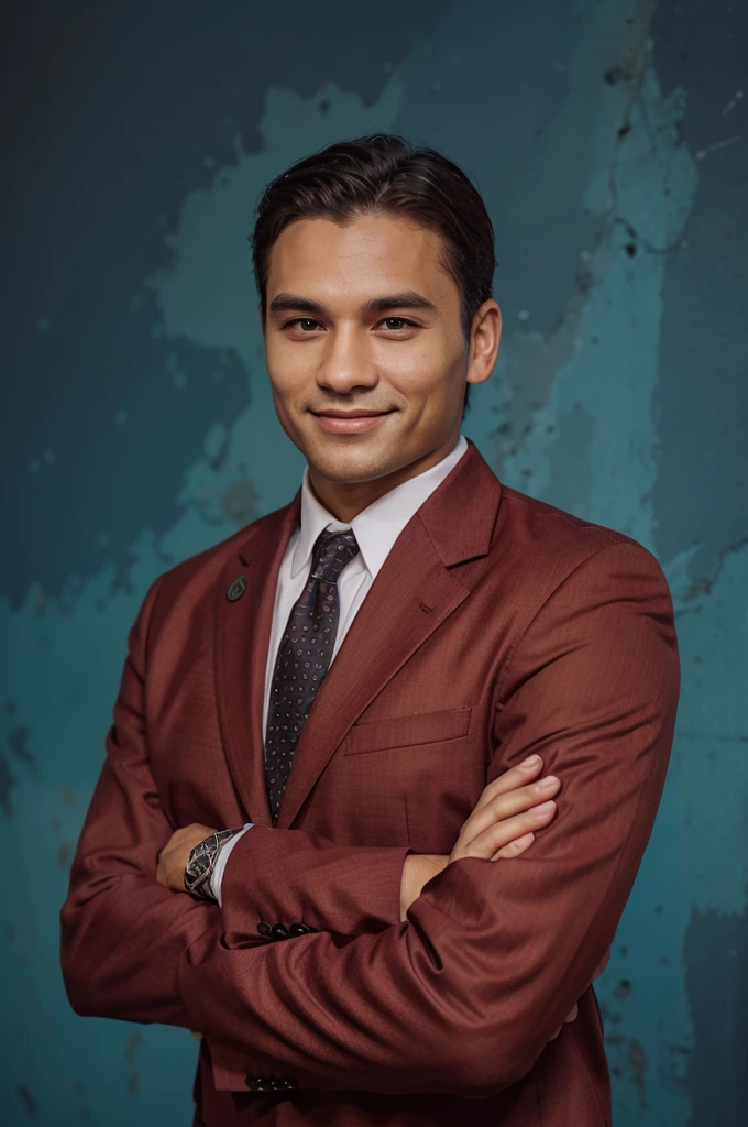 Frontal view , Portrait of man in black suit smiling , coral background editorial style highdefinition ultrarealistic details in the style of portrait photography