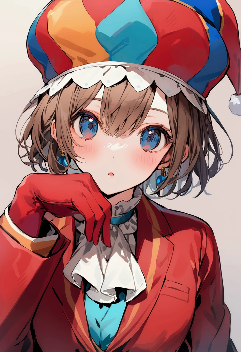 Ponmi, 1 girl, red blue jester hat, Brown hair, short hair, red clown suit, red blue gloves