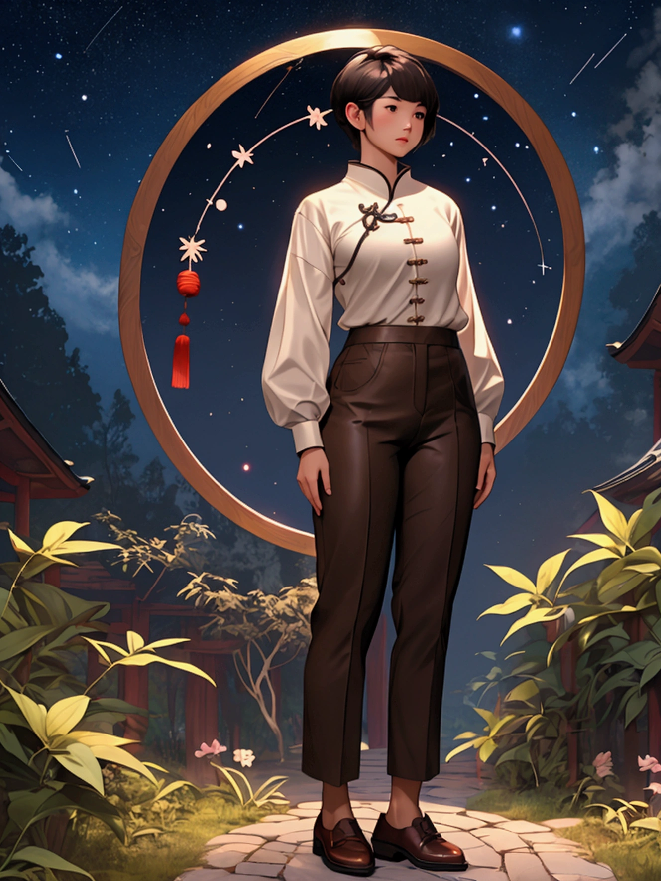 1 girl, (Asian woman), (wearing Chinese style white shirt and brown pants), (very short pixie hair style), (black hair), (rear view), (looking away from viewer), (((full body portrait))), (wearing brown shoes), (girl small in foreground), (big sky above girl), (girl in forest looking toward the stars in a dark night sky), masterpiece, dark blue tones, illustration, dark sky, light wind,Cross the sky from bottom to top, Bright stars, dark sky with stars,