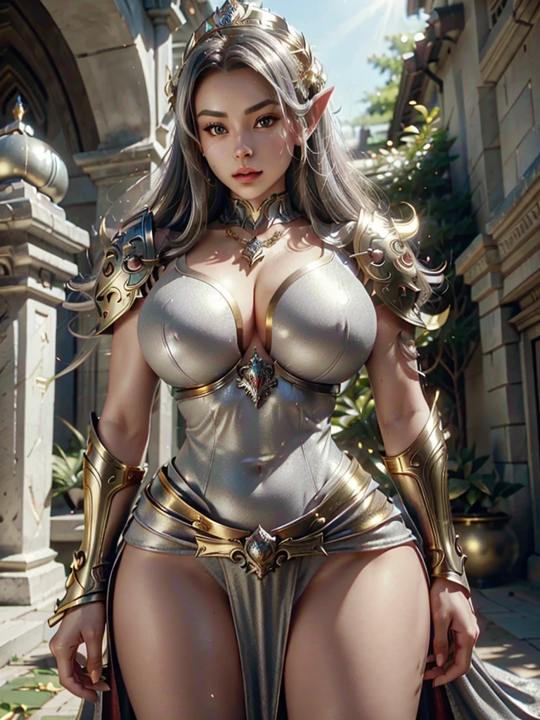 Realistic image cinematic shadows. in the courtyard. of the kingdom. There is Queen Elven Woman, with Crown, Illuminated Face, wearing a necklace around her neck, Hips, Toned, Large Round Breasts large breasts with iron white armor style bra, ((spruce neckline in a silver armor, large gold ornaments. gold edges)) reflecting the sunlight.