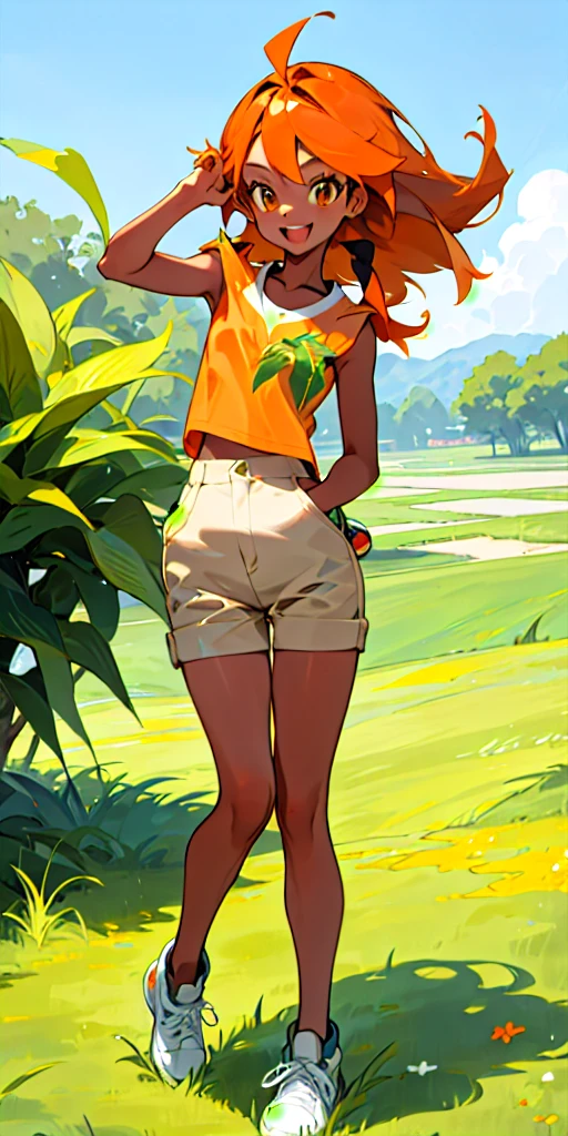 20 Year old woman, dark orange straight hair, tan skin, grass type pokemon trainer, happy, kind, barista