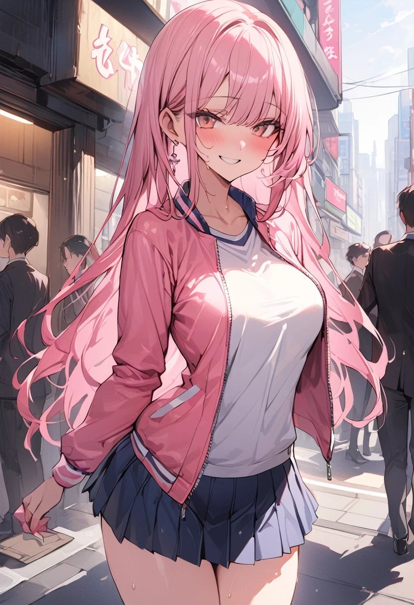 ((masterpiece,Highest quality:1.3,best quality illustration)),cowboy shot,独奏,1woman,(Mature Beauty),pink hair,straight long hair,bangs,brown eyes,(gorgeous eyes),((very small head)),fun,smile,((very long body,skinny)),medium breasts,((Pink baseball jacket、Navy blue pleated mini skirt)),gleaming skin,oily skin,slender body,sweat,standing,on street,Shibuya Station、
