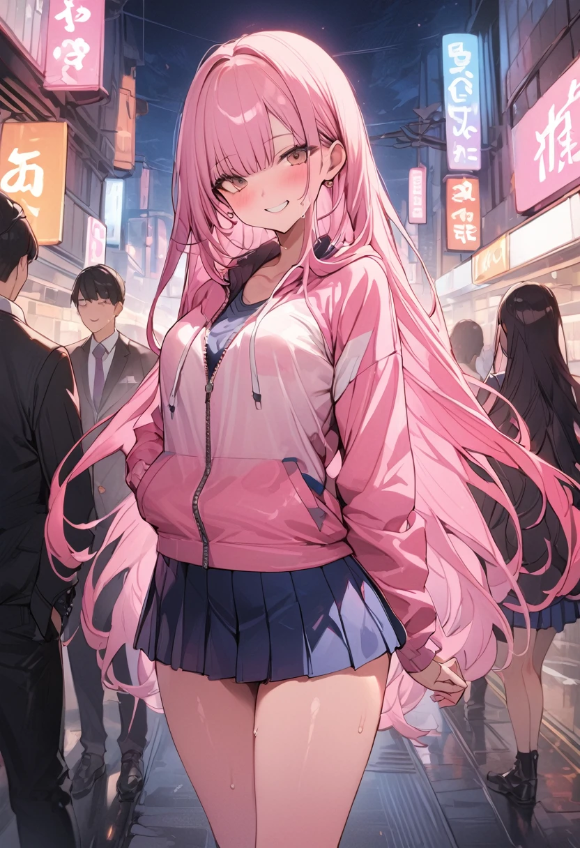 ((masterpiece,Highest quality:1.3,best quality illustration)),cowboy shot,独奏,1woman,(Mature Beauty),pink hair,straight long hair,bangs,brown eyes,(gorgeous eyes),((very small head)),fun,smile,((very long body,skinny)),medium breasts,((Pink baseball jacket、Navy blue pleated mini skirt)),gleaming skin,oily skin,slender body,sweat,standing,on street,Shibuya Station、