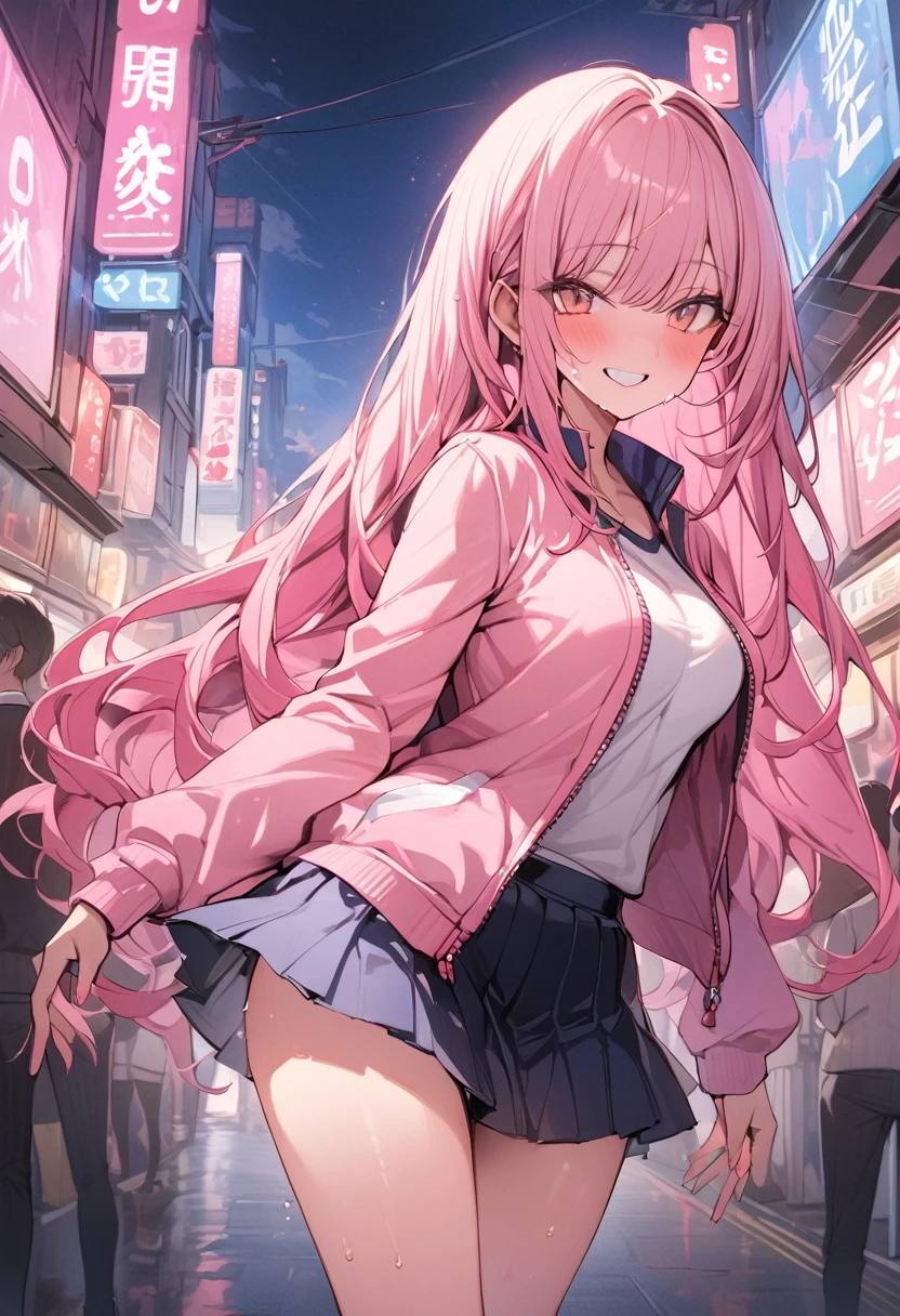 ((masterpiece,Highest quality:1.3,best quality illustration)),cowboy shot,独奏,1woman,(Mature Beauty),pink hair,straight long hair,bangs,brown eyes,(gorgeous eyes),((very small head)),fun,smile,((very long body,skinny)),medium breasts,((Pink baseball jacket、Navy blue pleated mini skirt)),gleaming skin,oily skin,slender body,sweat,standing,on street,Shibuya Station、