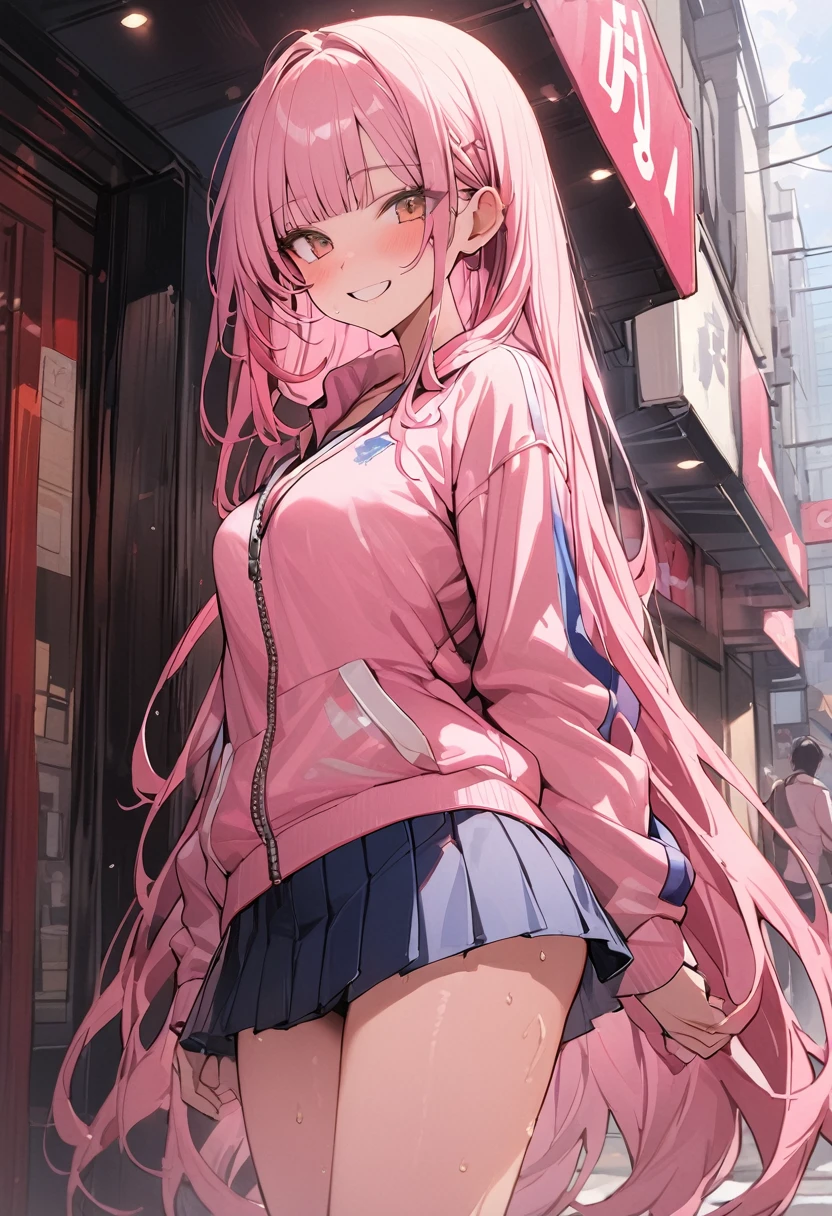 ((masterpiece,Highest quality:1.3,best quality illustration)),cowboy shot,独奏,1woman,(Mature Beauty),pink hair,straight long hair,bangs,brown eyes,(gorgeous eyes),((very small head)),fun,smile,((very long body,skinny)),medium breasts,((Pink baseball jacket、Navy blue pleated mini skirt)),gleaming skin,oily skin,slender body,sweat,standing,on street,Shibuya Station、