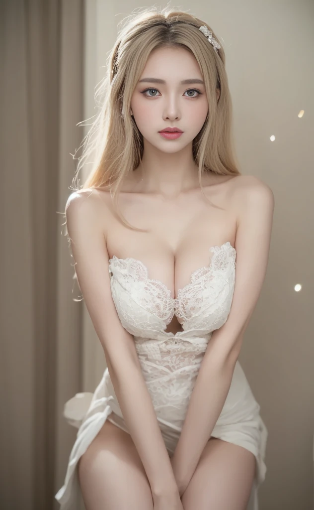 ((best qualtiy, 8k, masterpiece:1.3)), perfect figure beautiful woman:1.4, whole body open legs naked , Protruding cleavage:1.5, (Perfect breasts:1.2), headband:1.4, Detailed eyes, double eyelid,Snow-white skin,long white hair, nude