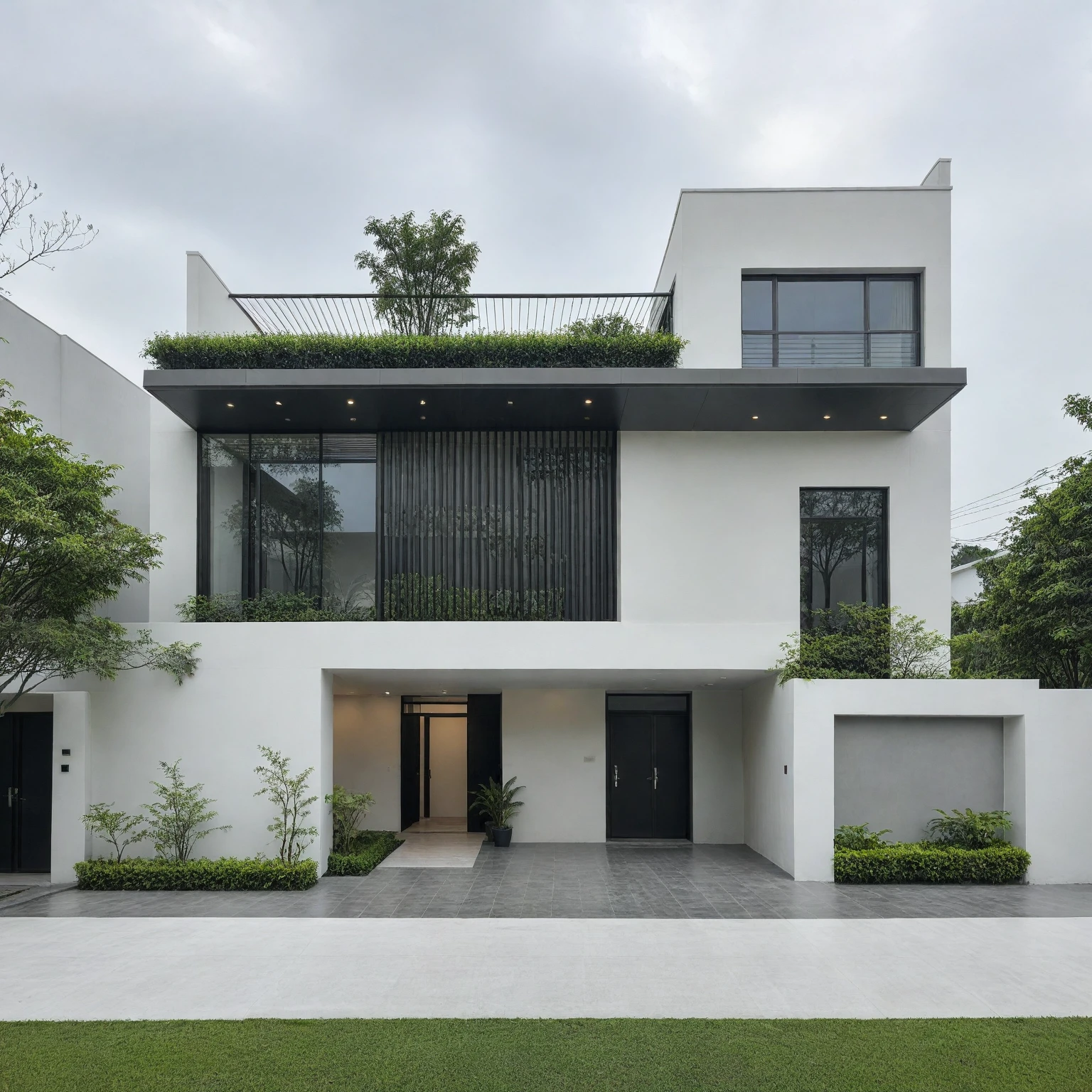 RAW photo, a photo of a modern house, (curvilinear chrchitecture:1.4), Wabisabi style rounded wall, white wall, steel dark gate, sidewalk, sidewalk trees, ((grey gate:1.2)), road, viet nam modern residence, ((architectural shot)), rough white wall, new residential area, wide angle exterior 2022, contemporary house, exterior photography, masterpiece, contemporary architecture, overcast, indirect lighting