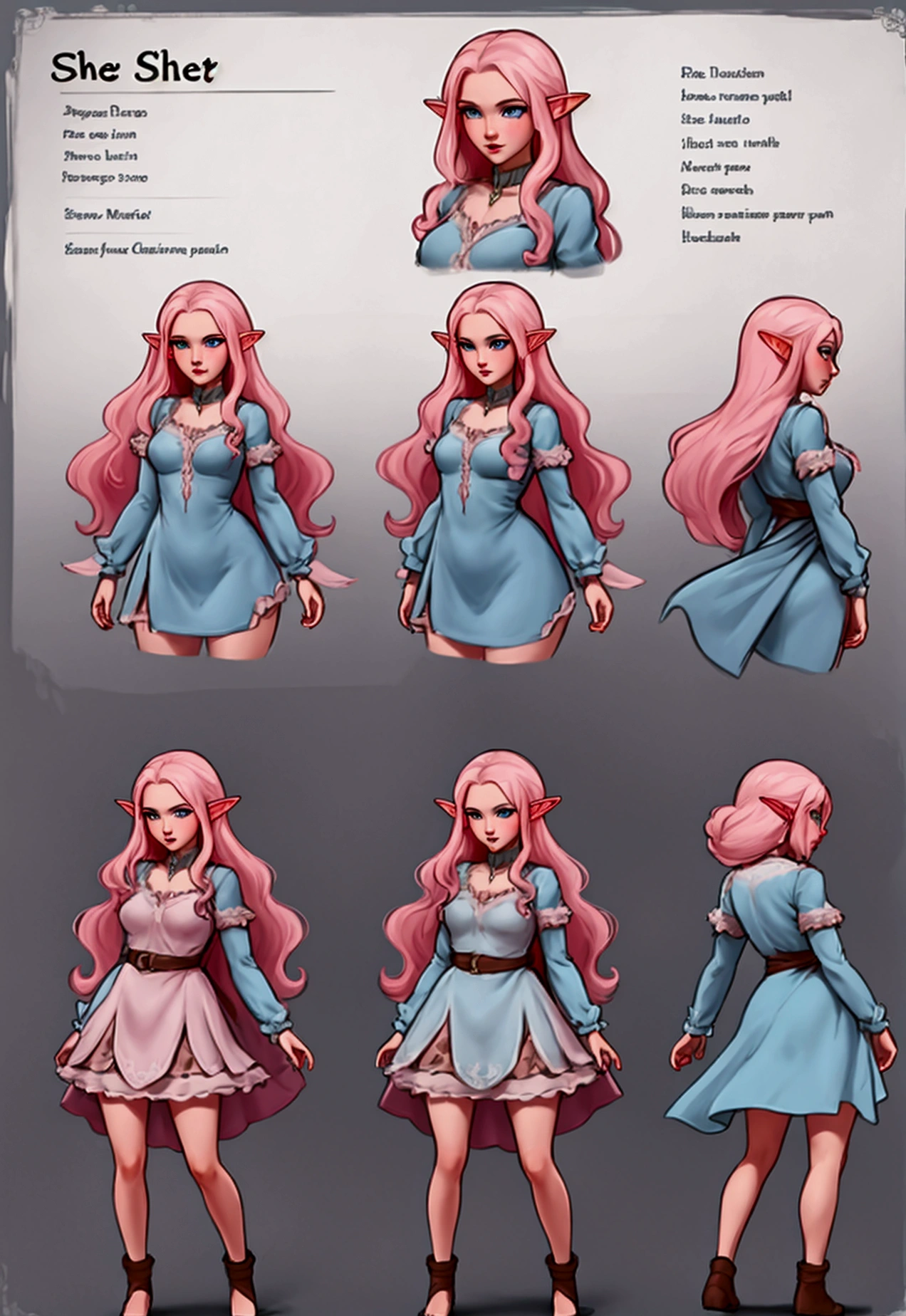 Quality, character sheet, design, positions, woman, long wavy hair, pink hair, blue eyes, elf, dress ,