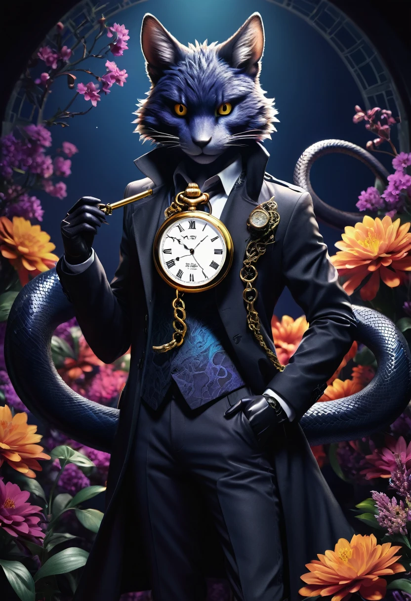 e621(best quality, high resolution, ultra-detailed)silhouett(kemono, furry anthro)holding striking pocket watch, surrounded by flowers, snakes and darkness, illustrative rendering, intricate details, mysterious atmosphere, vibrant colors, dynamic lighting , Gothic style,