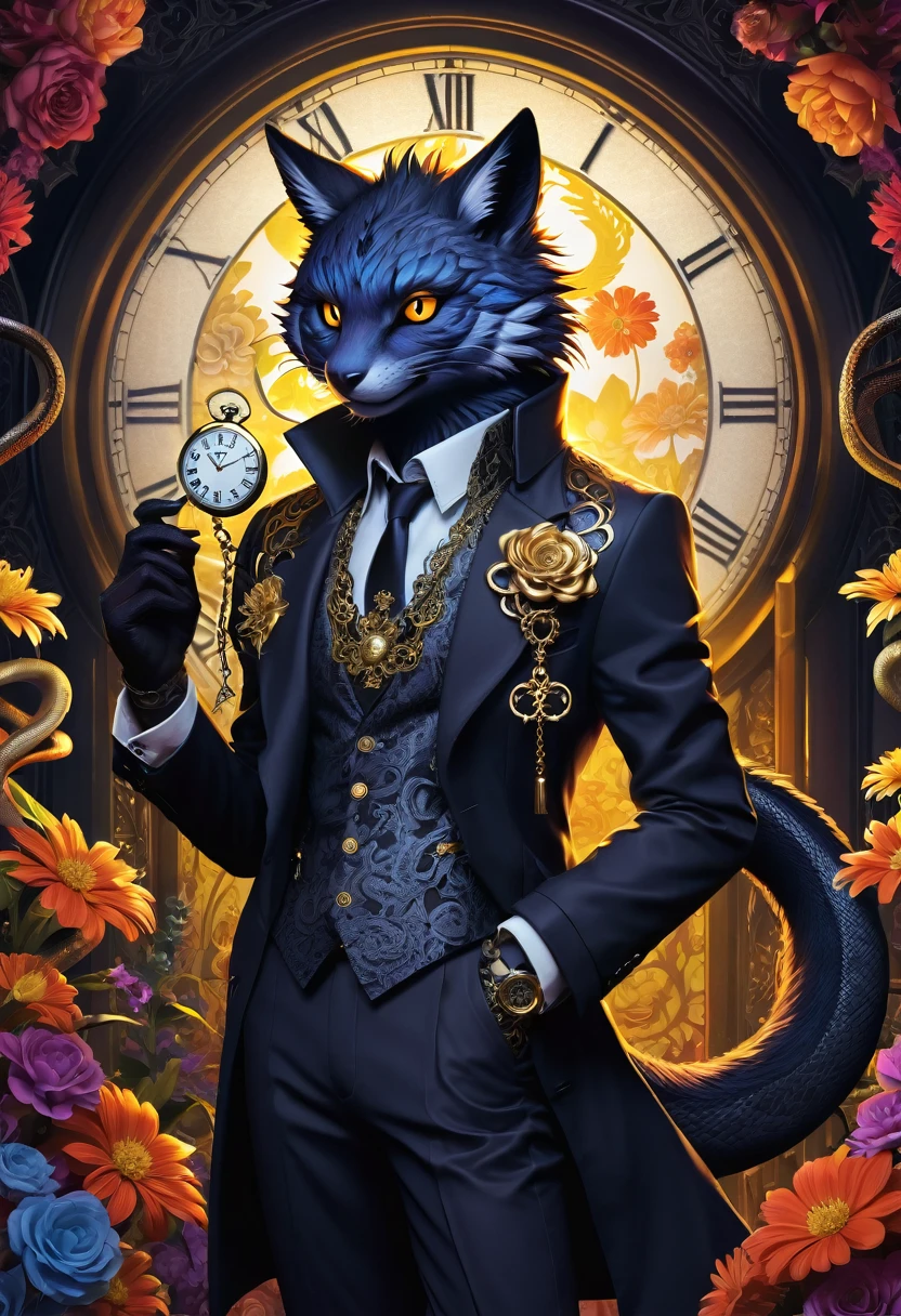 e621(best quality, high resolution, ultra-detailed)silhouett(kemono, furry anthro)holding striking pocket watch, surrounded by flowers, snakes and darkness, illustrative rendering, intricate details, mysterious atmosphere, vibrant colors, dynamic lighting , Gothic style,