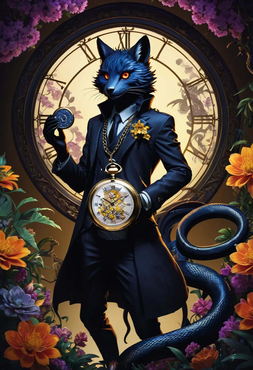 e621(best quality, high resolution, ultra-detailed)silhouett(kemono, furry anthro)holding striking pocket watch, surrounded by flowers, snakes and darkness, illustrative rendering, intricate details, mysterious atmosphere, vibrant colors, dynamic lighting , Gothic style,