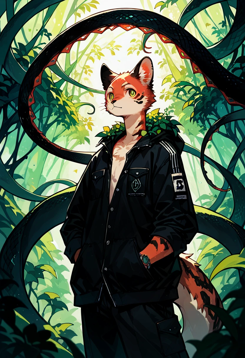 e621(best quality, high resolution, ultra-detailed)silhouett(kemono, furry anthro)holding striking pocket watch, surrounded by flowers, snakes and darkness, illustrative rendering, intricate details, mysterious atmosphere, vibrant colors, dynamic lighting , Gothic style,