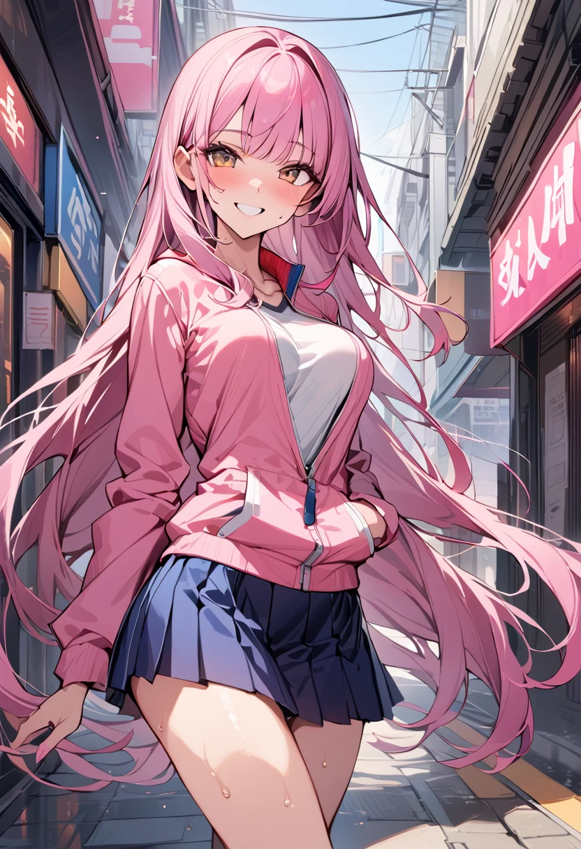 ((masterpiece,Highest quality:1.3,best quality illustration)),cowboy shot,独奏,1woman,(Mature Beauty),pink hair,straight long hair,bangs,brown eyes,(gorgeous eyes),((very small head)),fun,smile,((very long body,skinny)),medium breasts,((Pink baseball jacket、Navy blue pleated mini skirt)),gleaming skin,oily skin,slender body,sweat,standing,on street,Shibuya Station、