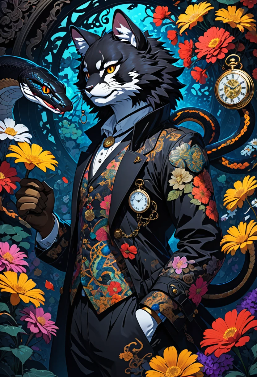 e621(best quality, high resolution, ultra-detailed)silhouett(kemono, furry anthro)holding striking pocket watch, surrounded by flowers, snakes and darkness, illustrative rendering, intricate details, mysterious atmosphere, vibrant colors, dynamic lighting , Gothic style,