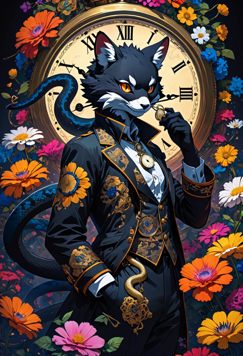 e621(best quality, high resolution, ultra-detailed)silhouett(kemono, furry anthro)holding striking pocket watch, surrounded by flowers, snakes and darkness, illustrative rendering, intricate details, mysterious atmosphere, vibrant colors, dynamic lighting , Gothic style,