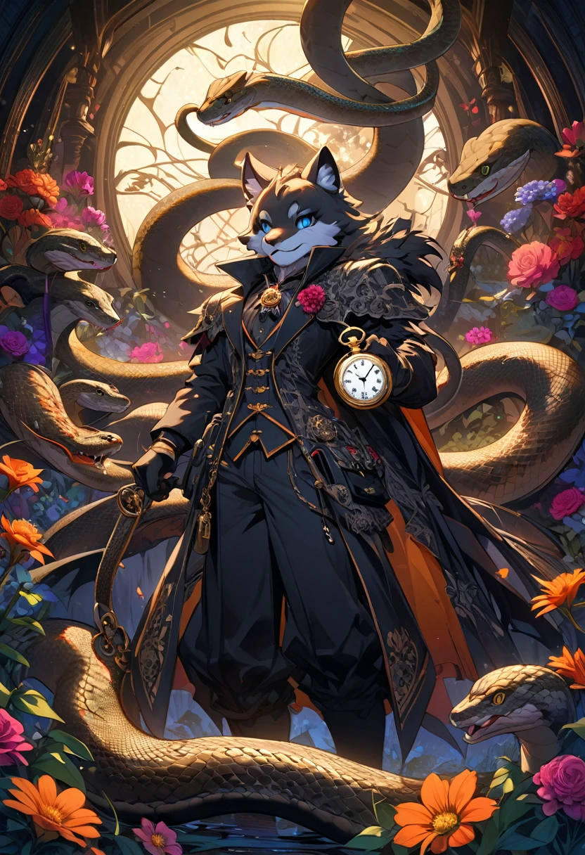 e621(best quality, high resolution, ultra-detailed)silhouett(kemono, furry anthro)holding striking pocket watch, surrounded by flowers, snakes and darkness, illustrative rendering, intricate details, mysterious atmosphere, vibrant colors, dynamic lighting , Gothic style,