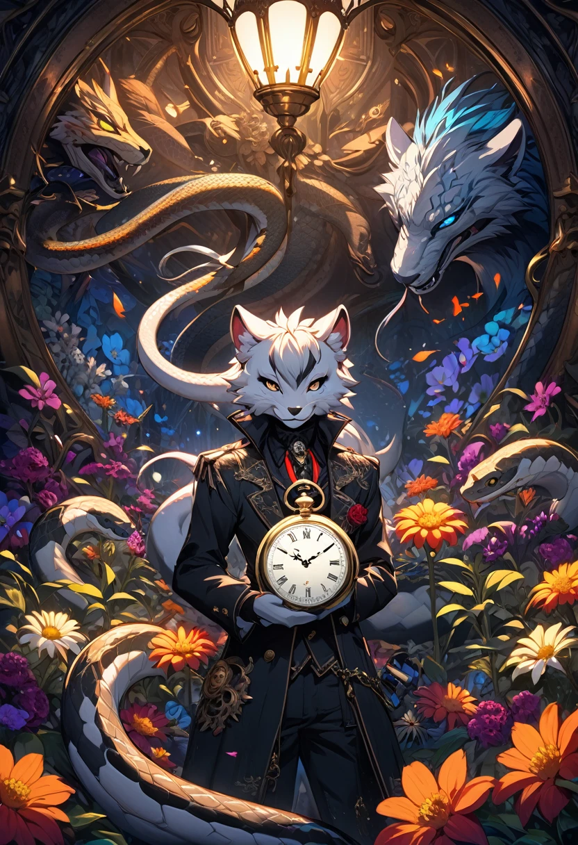 e621(best quality, high resolution, ultra-detailed)silhouett(kemono, furry anthro)holding striking pocket watch, surrounded by flowers, snakes and darkness, illustrative rendering, intricate details, mysterious atmosphere, vibrant colors, dynamic lighting , Gothic style,