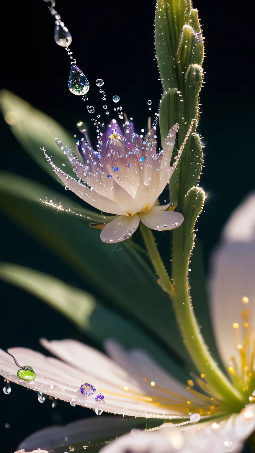 Close-up of a plant with water droplets, Macro photography by Marie Bashkirtseff, Flicker, Pointillism, Bokeh. iridescent accents, very Mysterious, Mysterious!!!!!!!, lovely Bokeh, incredibly Mysterious, Mysterious!!!, Glitter and softness, . Mysterious lights, Mysterious beauty, Dew Drops, So magical and dreamy