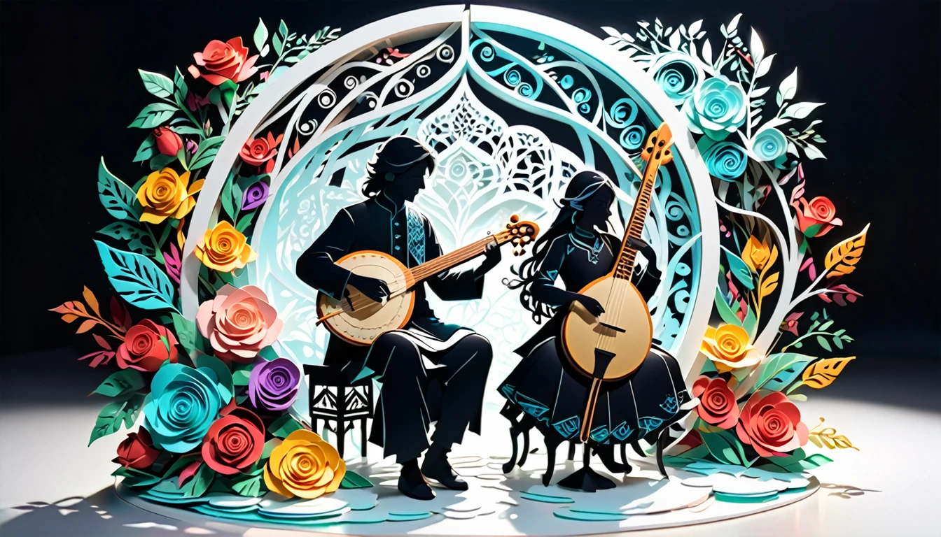 (hologram:1.5),Silhouette of a man playing the sitar,Colorful Roses,In winter,White Background,Paper Art,quilling Paper Art,Tangled, geometry,3D Rendering, Cinematic Lighting Effects