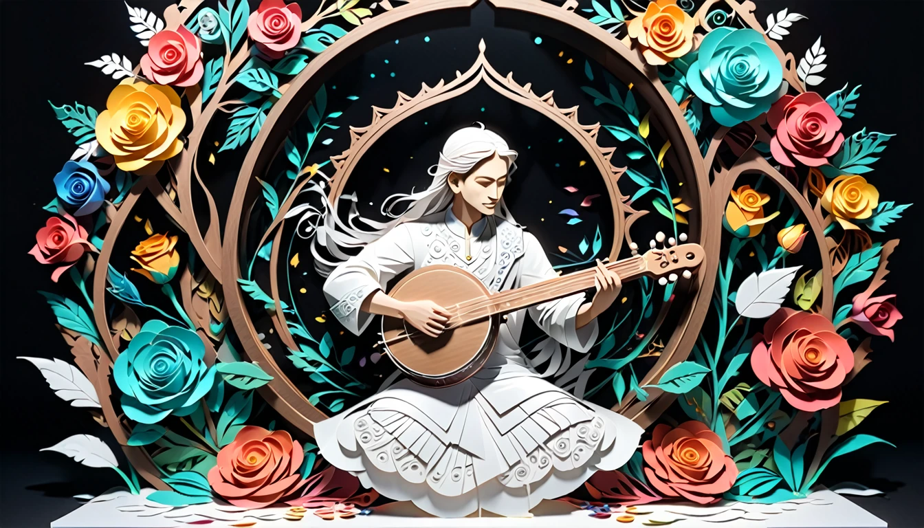 （hologram:1.5)，Silhouette of a man playing the sitar，Colorful Roses，In winter，White Background，Paper Art，quilling Paper Art，Tangled, geometry，3D Rendering， Cinematic Lighting Effects