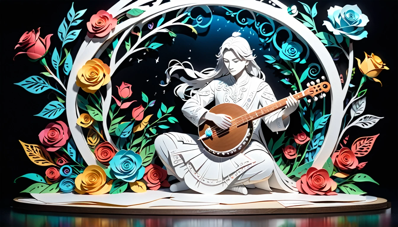 (hologram:1.5),Silhouette of a man playing the sitar,Colorful Roses,In winter,White Background,Paper Art,quilling Paper Art,Tangled, geometry,3D Rendering, Cinematic Lighting Effects