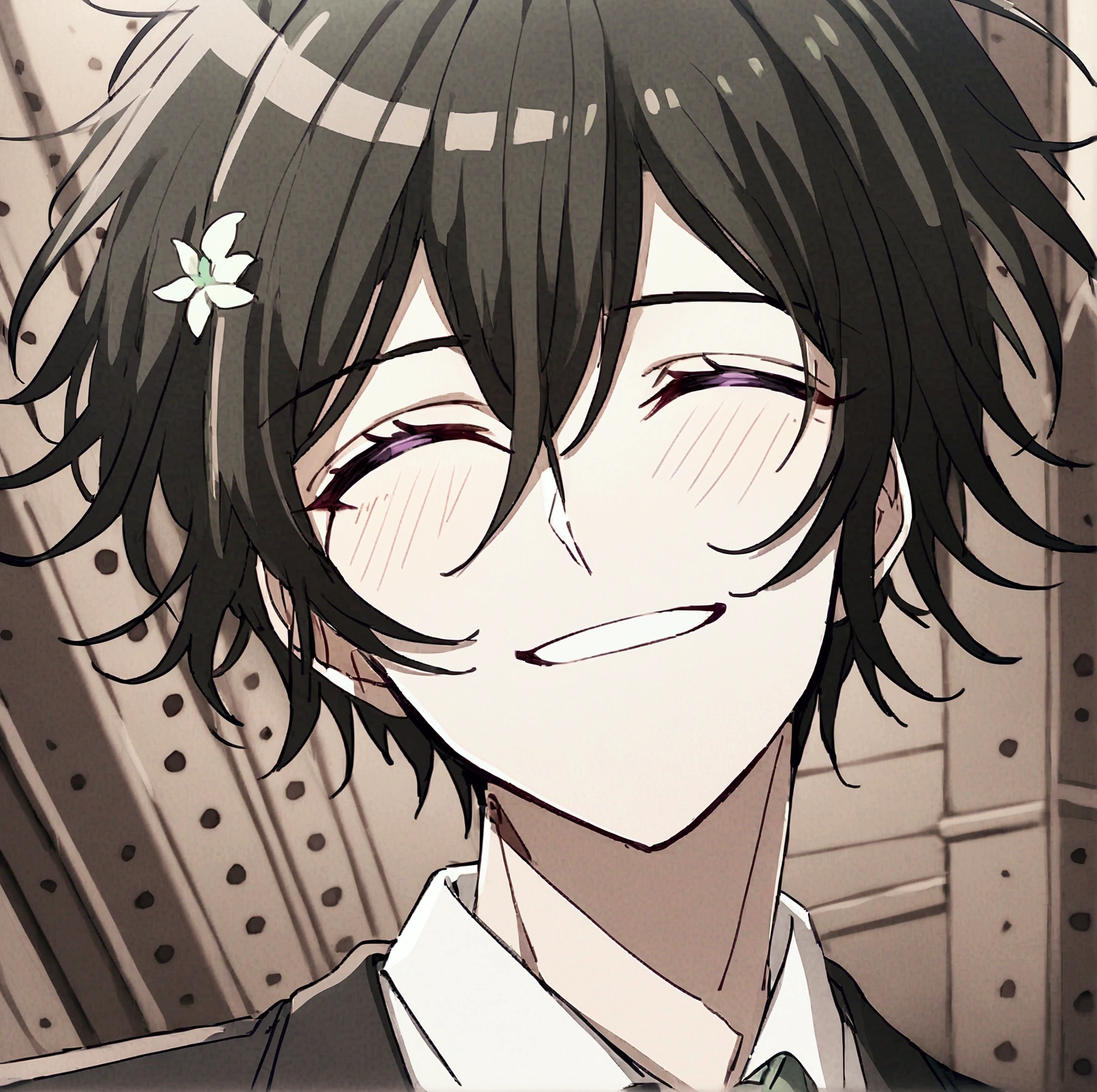 Anime male, pastel green heart eye iris, black fluffy messy hair, black suit, peaceful aura, peaceful tint, peaceful background, happy smile, laughing, green tie, white men dress, white flower on hair