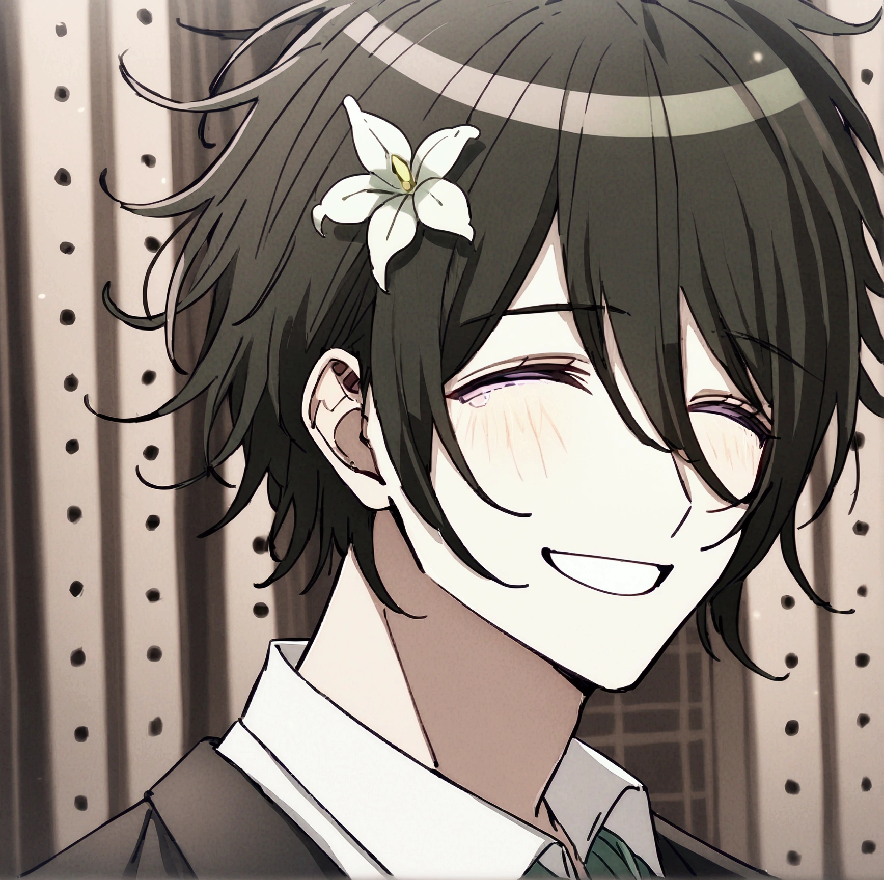 Anime male, pastel green heart eye iris, black fluffy messy hair, black suit, peaceful aura, peaceful tint, peaceful background, happy smile, laughing, green tie, white men dress, white flower on hair