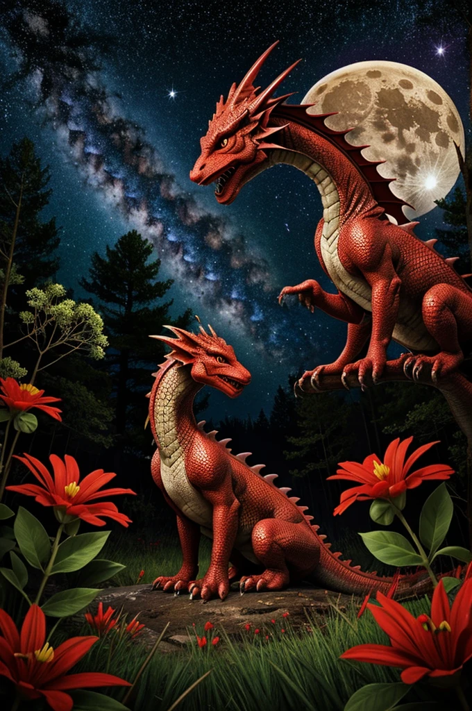 Tender red baby dragon with black in the middle of the enchanted forest with colorful flowers watching the milky way with a full moon