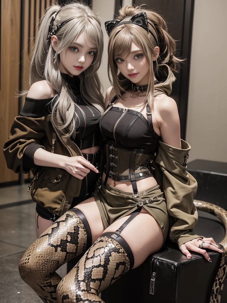 (Smiling with teeth showing:1.3),(Shibuya Gal:1.5)、(Beautiful:1.5)、(Neo-goth fashion:1.5)、(Punk RockVisual Kei:1.5)、(An off-the-shoulder hoodie in khaki and brown with delicate silver accessories.:1.5)、(A corset with a delicate beige and brown design:1.4)、(Dark grey, khaki and brown snakeskin bodysuit:1.5)、(Snake print headband:1.3)、(Beige and charcoal knee socks:1.4)、Embellished collar and long boots、(I'm selling snake print underwear.:1.4)、(Long eyelashes:1.3)、(20-year-old)、((Highest quality、8k、masterpiece:1.3))、1 Female、Slim and beautiful abs:1.3、(hairstyle casual、Beautiful boobs:1.1)、(Doing an aerobics pose:1.3)、dress:1.1、Super small face、Narrow eyes、double eyelid、A sloppy smile、Esbian all over body、Dynamic Angle、Close-up、CPL Filter、Blurred Background、Bokeh、Blue Hour、Detailed face and skin texture、Detailed eyes、,(Twin tails:1.3)、(Black brown hair:1.3)、Gravure idol、(The background is a glamorous dance hall:1.3)、(Make your legs thinner:1.4)、(Slim Body:1.3)、(clavicle:1.1)