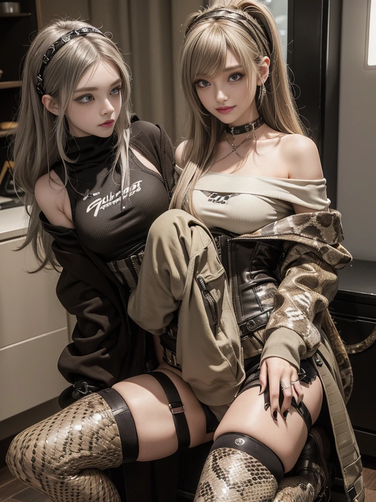 (Smiling with teeth showing:1.3),(Shibuya Gal:1.5)、(Beautiful:1.5)、(Neo-goth fashion:1.5)、(Punk RockVisual Kei:1.5)、(An off-the-shoulder hoodie in khaki and brown with delicate silver accessories.:1.5)、(A corset with a delicate beige and brown design:1.4)、(Dark grey, khaki and brown snakeskin bodysuit:1.5)、(Snake print headband:1.3)、(Beige and charcoal knee socks:1.4)、Embellished collar and long boots、(I'm selling snake print underwear.:1.4)、(Long eyelashes:1.3)、(20-year-old)、((Highest quality、8k、masterpiece:1.3))、1 Female、Slim and beautiful abs:1.3、(hairstyle casual、Beautiful boobs:1.1)、(Doing an aerobics pose:1.3)、dress:1.1、Super small face、Narrow eyes、double eyelid、A sloppy smile、Esbian all over body、Dynamic Angle、Close-up、CPL Filter、Blurred Background、Bokeh、Blue Hour、Detailed face and skin texture、Detailed eyes、,(Twin tails:1.3)、(Black brown hair:1.3)、Gravure idol、(The background is a glamorous dance hall:1.3)、(Make your legs thinner:1.4)、(Slim Body:1.3)、(clavicle:1.1)