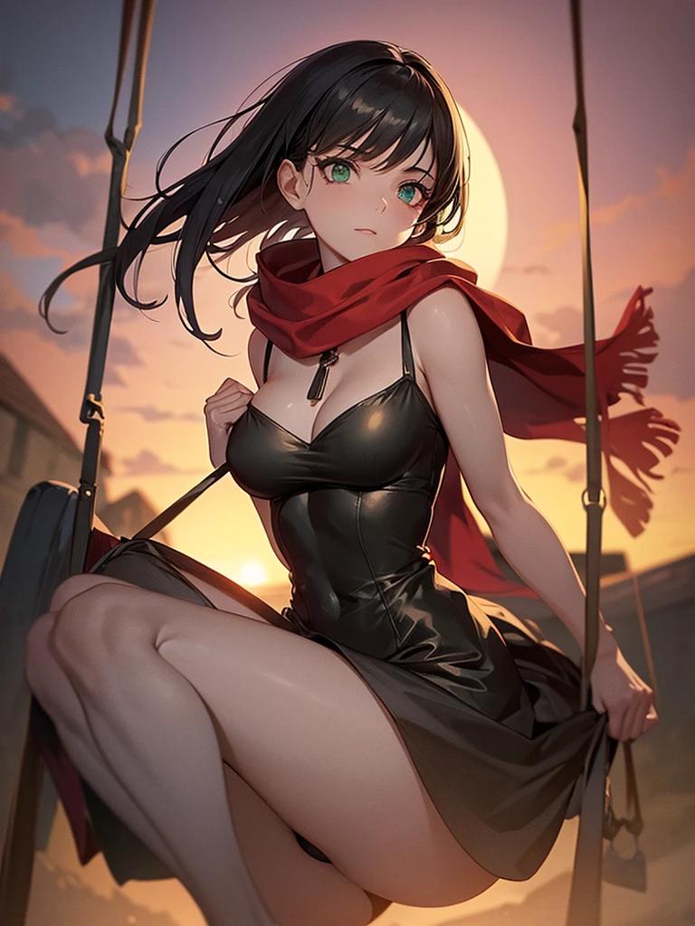 medieval setting, full view of body, 1 skinny female with large breast, beatiful smokey green eyes, black hair pinned up, shoulder free beautiful swing dress, red scarf around her neck, eerie sunset