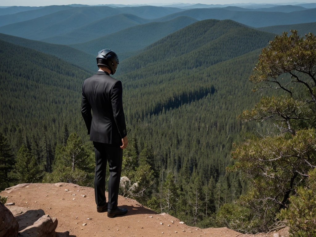 A Luxury Sales Suit man wearing a black rider full-face helmet overlooking wilderness,full body,standard rider black full face helmet,back view of the man, background is a wilderness,a man overlooking wilderness,a man overlooking wilderness,a man overlooking wilderness,a man overlooking wilderness,a man overlooking wilderness,full body,full body,full body,full body,with black rider full-face helmet,with black rider full-face helmet,with black rider full-face helmet,wearing black rider full-face helmet,wearing black full-face helmet,wearing black full-face helmet,overlooking wilderness,overlooking wilderness,Back view,Back view,Back view,Back view,Draw people small,Draw people small,Spectacular views,Spectacular views,Spectacular views,lonely man,lonely man,a black full-face helmet,a black full-face,A Luxury Sales Suit man,with Luxury Sales Suit