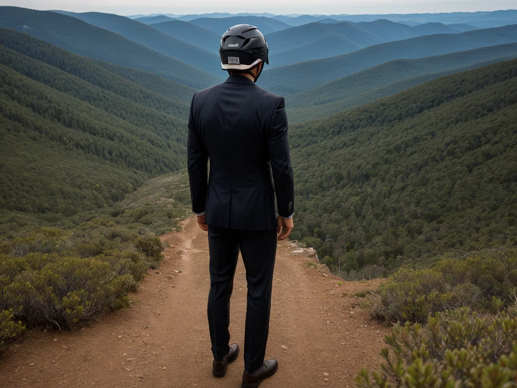 A Luxury Sales Suit man wearing a black rider full-face helmet overlooking wilderness,full body,standard rider black full face helmet,back view of the man, background is a wilderness,a man overlooking wilderness,a man overlooking wilderness,a man overlooking wilderness,a man overlooking wilderness,a man overlooking wilderness,full body,full body,full body,full body,with black rider full-face helmet,with black rider full-face helmet,with black rider full-face helmet,wearing black rider full-face helmet,wearing black full-face helmet,wearing black full-face helmet,overlooking wilderness,overlooking wilderness,Back view,Back view,Back view,Back view,Draw people small,Draw people small,Spectacular views,Spectacular views,Spectacular views,lonely man,lonely man,a black full-face helmet,a black full-face,A Luxury Sales Suit man,with Luxury Sales Suit