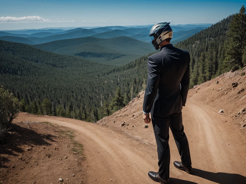 A Luxury Sales Suit man wearing a black rider full-face helmet overlooking wilderness,full body,standard rider black full face helmet,back view of the man, background is a wilderness,a man overlooking wilderness,a man overlooking wilderness,a man overlooking wilderness,a man overlooking wilderness,a man overlooking wilderness,full body,full body,full body,full body,with black rider full-face helmet,with black rider full-face helmet,with black rider full-face helmet,wearing black rider full-face helmet,wearing black full-face helmet,wearing black full-face helmet,overlooking wilderness,overlooking wilderness,Back view,Back view,Back view,Back view,Draw people small,Draw people small,Spectacular views,Spectacular views,Spectacular views,lonely man,lonely man,a black full-face helmet,a black full-face,A Luxury Sales Suit man,with Luxury Sales Suit