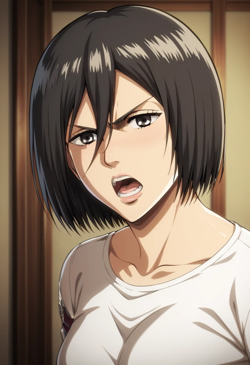 ((masterpiece)), ((best quality)), 1girl, solo, animegirl, ((Mikasa Ackerman)), ((mikasa ackerman from attack on titan)), ((open mouth)), ((the inside of mouth visible)), ((angry expression)), ((annoyed expression))