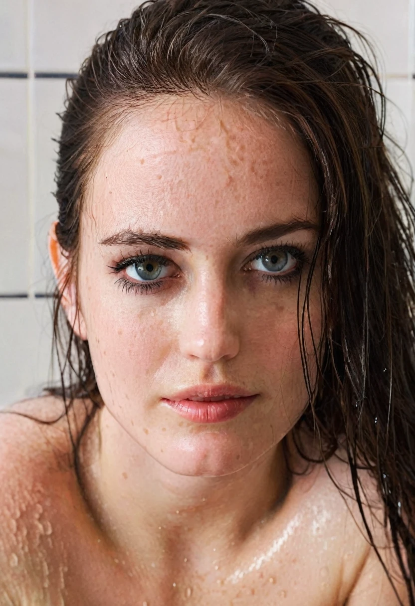 ((ohwx woman)), showering, naked, long hair, NSFW, perfect makeup, realistic face, detailed eyes, eyelashes, leaning forward, close up, looking straight at the camera