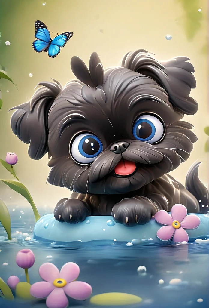 2 adorable very small very black Shih Tzu puppies with big bright blue eyes,extremely detailed eyes and face,longeyelashes,wearing blue collars and sunglasses,playing in creek,butterflies and flowers in background,3D Pixar style,photorealistic,masterpiece,vibrant colors,studio lighting,ultra-detailed,sharp focus,physically-based rendering,professional