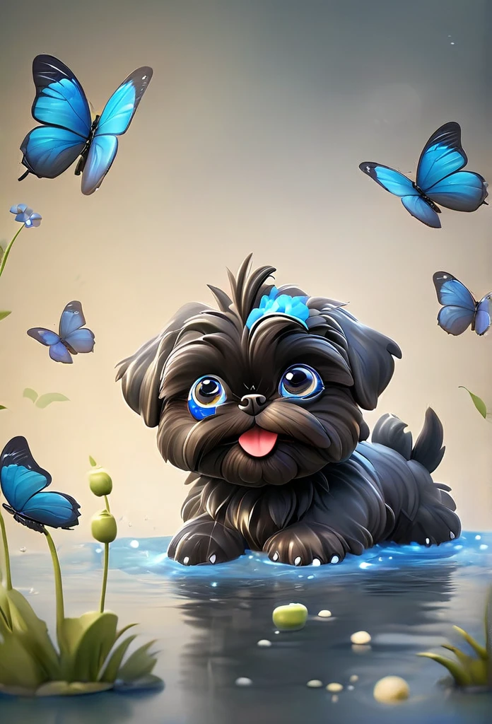 2 adorable very small very black Shih Tzu puppies with big bright blue eyes,extremely detailed eyes and face,longeyelashes,wearing blue collars and sunglasses,playing in creek,butterflies and flowers in background,3D Pixar style,photorealistic,masterpiece,vibrant colors,studio lighting,ultra-detailed,sharp focus,physically-based rendering,professional