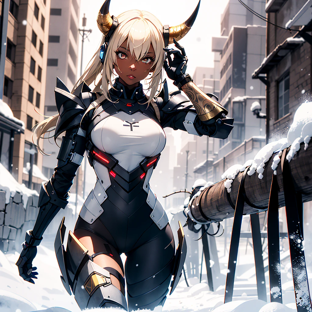 ((best quality)), ((masterpiece)), (detailed), 1girl, 8k_wallpaper, extremely detailed eyes, (large masterpiece digital art), (intricate details:1.3 ), (ultra-detailed:1.3), (sharp focus:1.3), (natural lighting:1.05), (vivid colors:1.3), (best quality:1.4), high quality, expressive eyes, full body, detailed face, beautiful face, perfect face, ((blonde hair)), (gold eyes), ((large blue horns)), {{dark skin}}, ({dark skinned female}), dressed in heavy combat steel cyber close armor of a dark red steel color, a military radio hanging on her belt, she is dressed in heavy steel closed-type cyber armor, a heavy armored cyber exoskeleton, powerful armor covers her entire body, she stands on a winter evening in the middle of the ruins of the old city next to a fantastic cyber military against the backdrop of high snowy mountains, it is snowing,