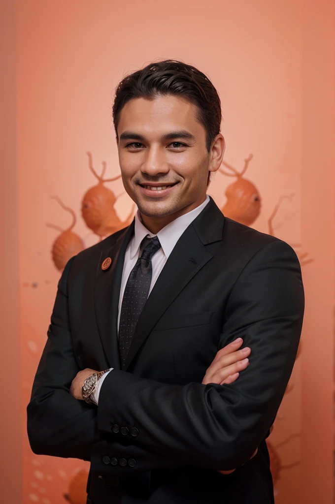 Frontal view , Portrait of man in black suit smiling , coral background editorial style highdefinition ultrarealistic details in the style of portrait photography