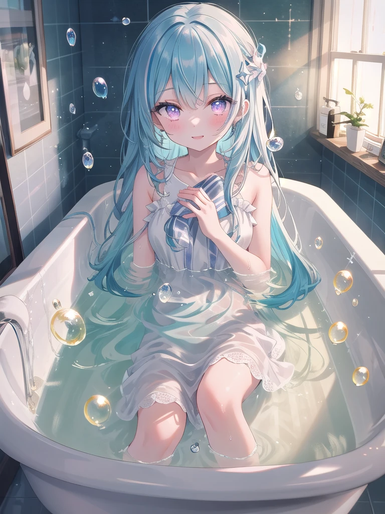 ((8k, best quality, master piece: 1.3)),super high resolution,(1 girl, solo), (colorshift eyes, hyperdetailed, expressive sparkling, glitter, glowing eyes), ultra detailed eyes, ultra-detailed face, random hair, ((pastel color)), Please draw a playing with bubbles in the bath. The girl has a happy expression on her face as she plays in the bathtub, touching the bubbles with her hands. The bathroom wall and bathtub are in the background, and warm indirect lighting softly illuminates the room. The camera angle should be from the perspective of the girl inside the bathtub. The colors used should be the bright hues of the bathroom and the transparency of the bubbles, and the texture of the bubbles and bathtub should be depicted.An enchanting scene with prism refraction effects creating a spectrum of colors. Light passing through a glass prism splits into various hues, casting colorful beams and spots throughout the image. The main subject is illuminated by these fragmented lights, adding a surreal and vibrant quality to the scene.